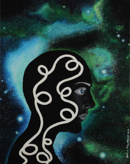 Acrylic painting of a male black head with a tangle string suspended in space by Zulmarie Vélez Acevedo
