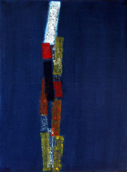 Abstract oil bar painting of car lights in a dark curfew night by Ludwig Medina
