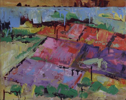 Abstract acrylic painting of sea salt harvest ponds scenery by Joe Martínez.