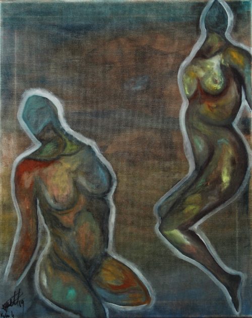 Oil painting of two non-interacting ambiguous human figures in a dark scenery by Kyhan Yael