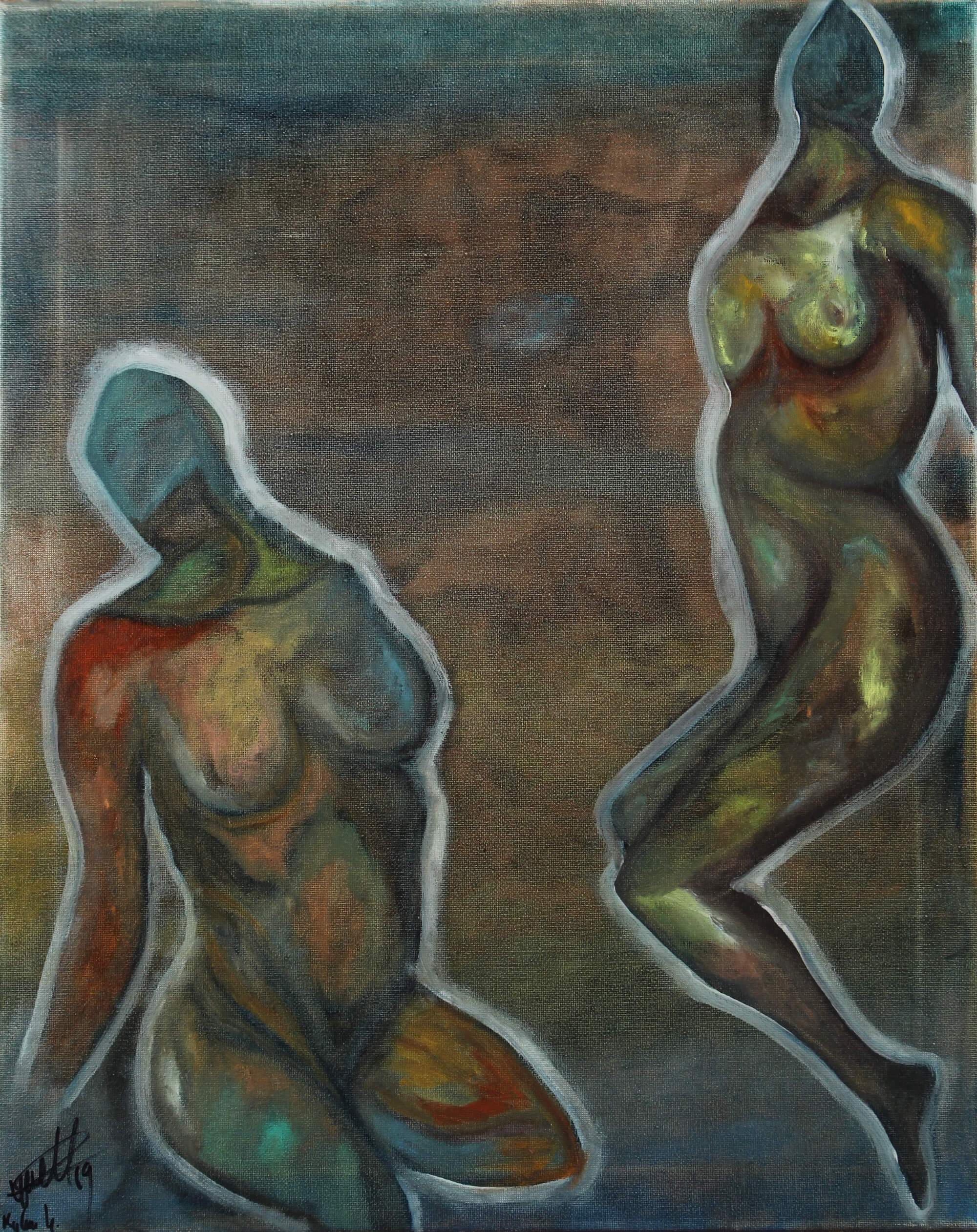 Oil painting of two non-interacting ambiguous human figures in a dark scenery by Kyhan Yael