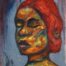 Oil painting of portrait of a red hair female with multi color skin and eyes closed by Kyhan Yael