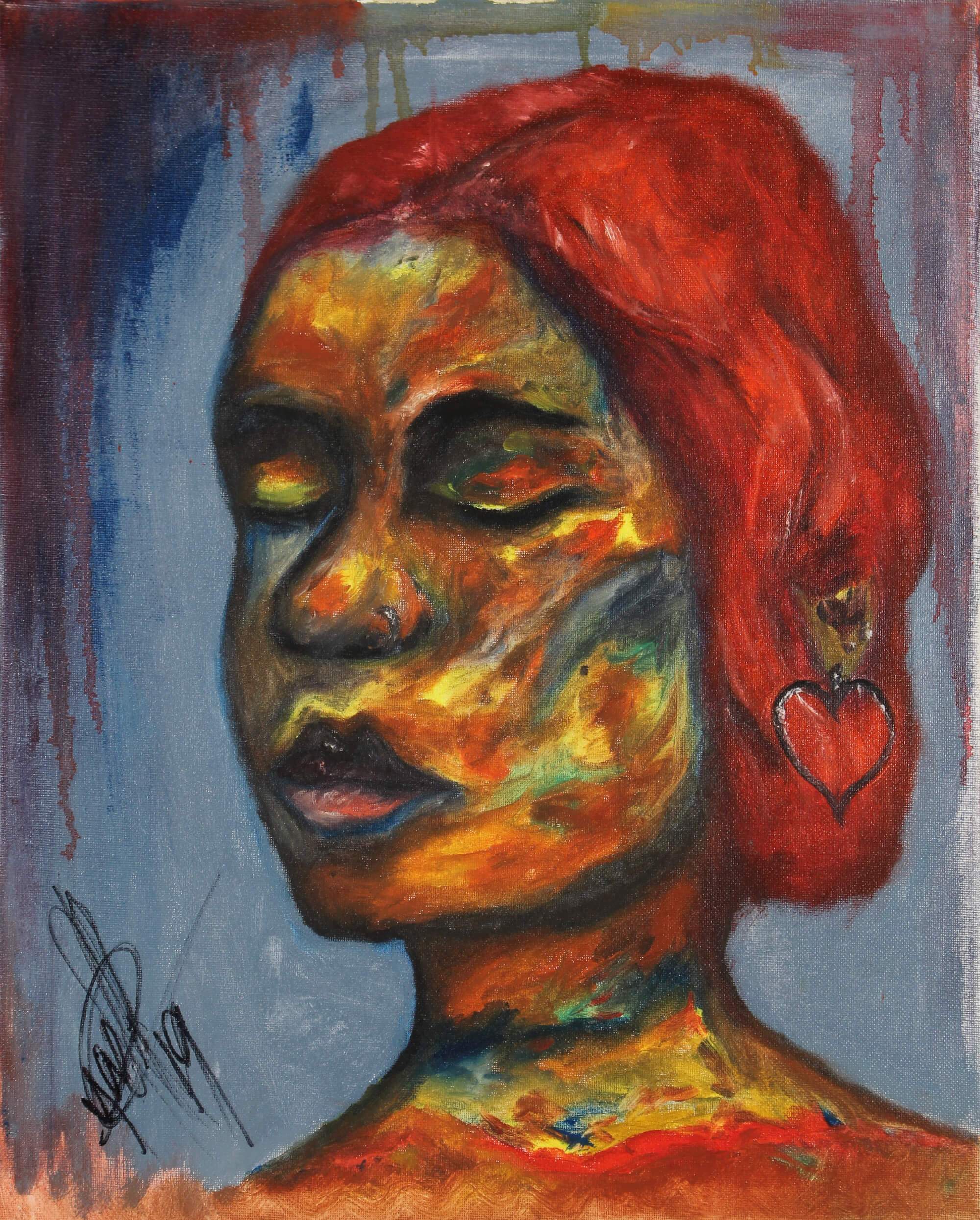 Oil painting of portrait of a red hair female with multi color skin and eyes closed by Kyhan Yael
