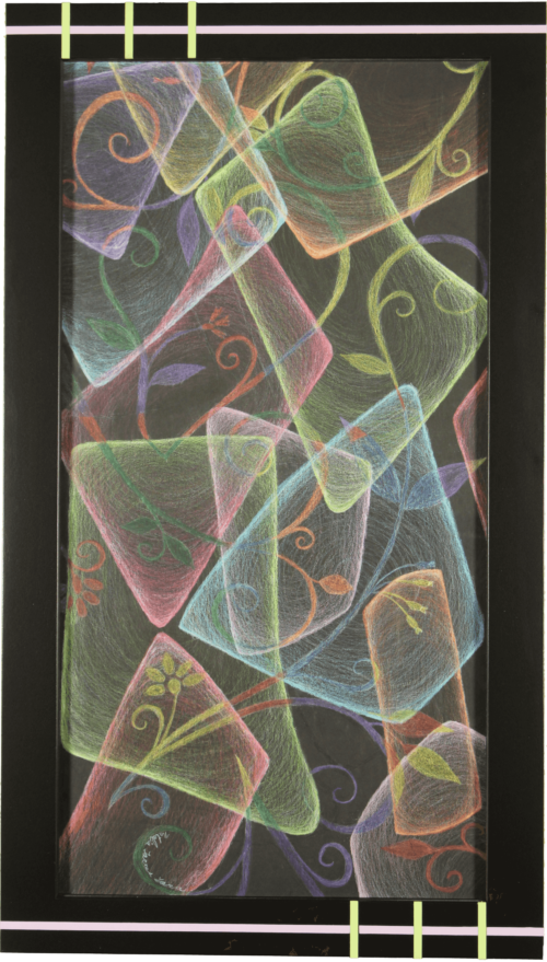 Color pencils drawing of geometrical shapes and climbing plants by Natalia Torres