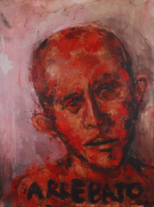 Acrylic abstract painting of portrait of a high on drugs red man by Valeria Mercado