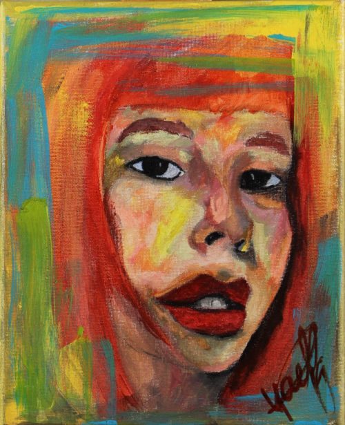 Acrylic painting of a portrait of a read head young female women by Kyhan Yael