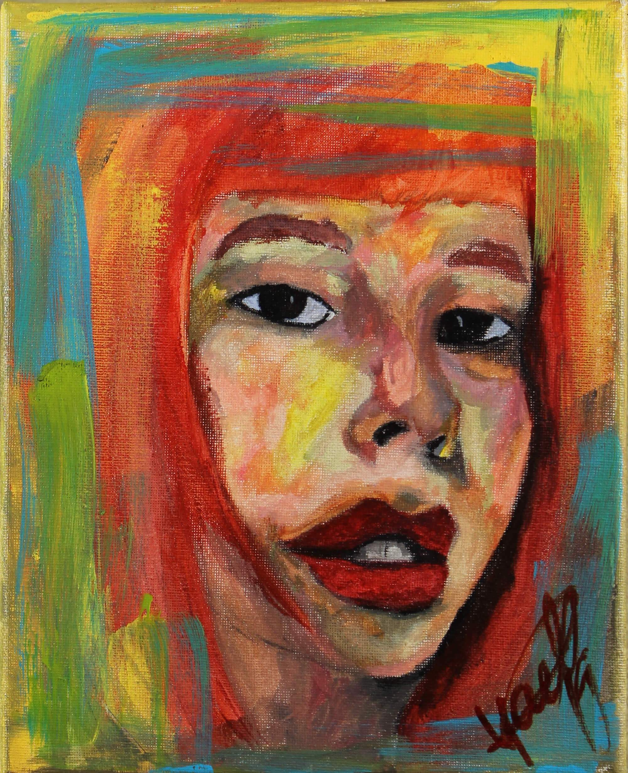 Acrylic painting of a portrait of a read head young female women by Kyhan Yael