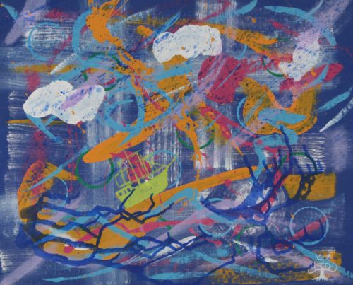 Acrylic painting of semiotic expressionism about awareness voyage by Kevo