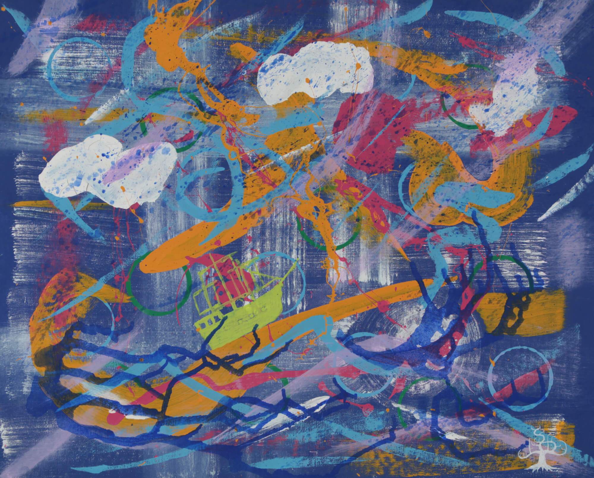 Acrylic painting of semiotic expressionism about awareness voyage by Kevo