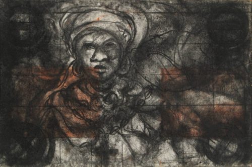 Carbon drawing on paper of black spiritual madama by Diógenes Ballester