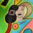 Acrylic cubism painting of witch with cat fiddle by Jennifer Jiménez