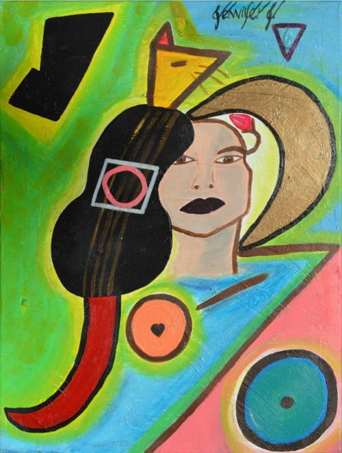 Acrylic cubism painting of witch with cat fiddle by Jennifer Jiménez
