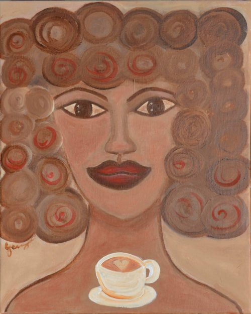 Acrylic painting of female with coffee cup by Jennifer Jiménez