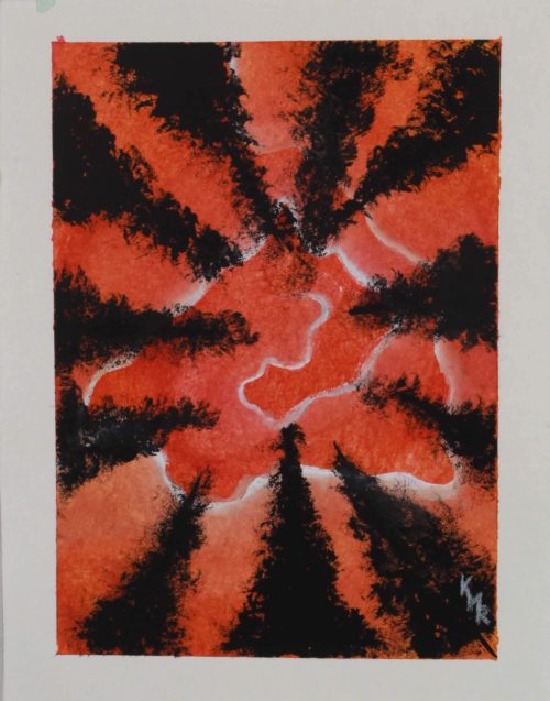 Watercolor painting of red sky through pine trees by Kevin Mejías