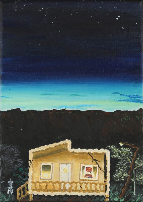 Acrylic painting of a concrete country house cracked by an earthquake at dawn by Zulmarie Vélez Acevedo