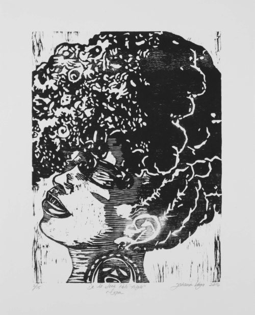 Wood cut print of side view portrait of black woman with abundant hair by Yarie Vega