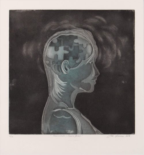 Aquatint and etching print of portrait of a breast cancer patient depicting the brain effect of chemotherapy by Susan Olivera