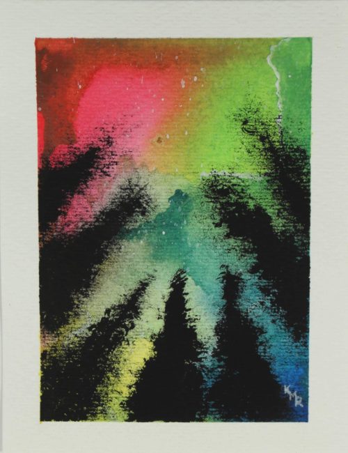 Watercolor painting of aurora boreal seen through pine trees by Kevin Mejías