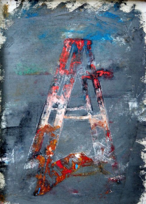 Acrylic painting of red and white stepladder with gray scale background as metaphor of ascending by Ludwig Medina
