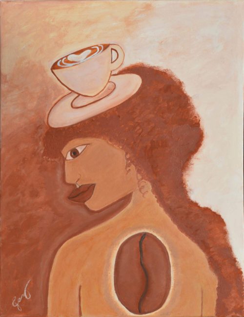 Acrylic painting of female with coffee hart by Jennifer Jiménez