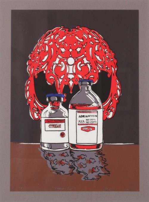 Serigraph print depicting chemotherapy medication as a red devil by Susan Olivera