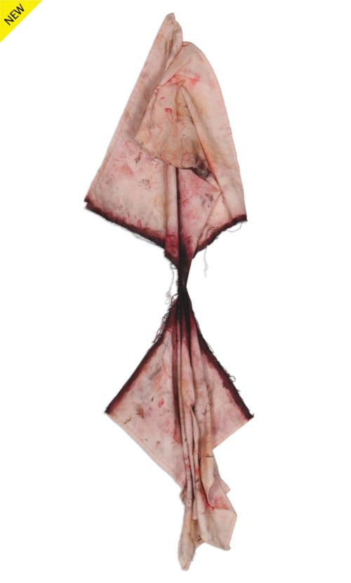 Mixed media of a hanged cloth painted with makeup featuring two squid tail-like shapes connected with a very thing stretchout and dark section in the middle symbolizing detachment by Diana N. Collazo Hernández