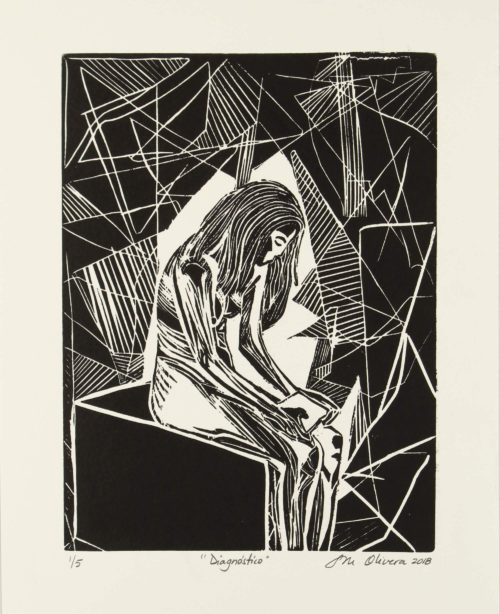 Linocut print of depressive emotional state of women struck by breast cancer diagnosis by Susan Olivera
