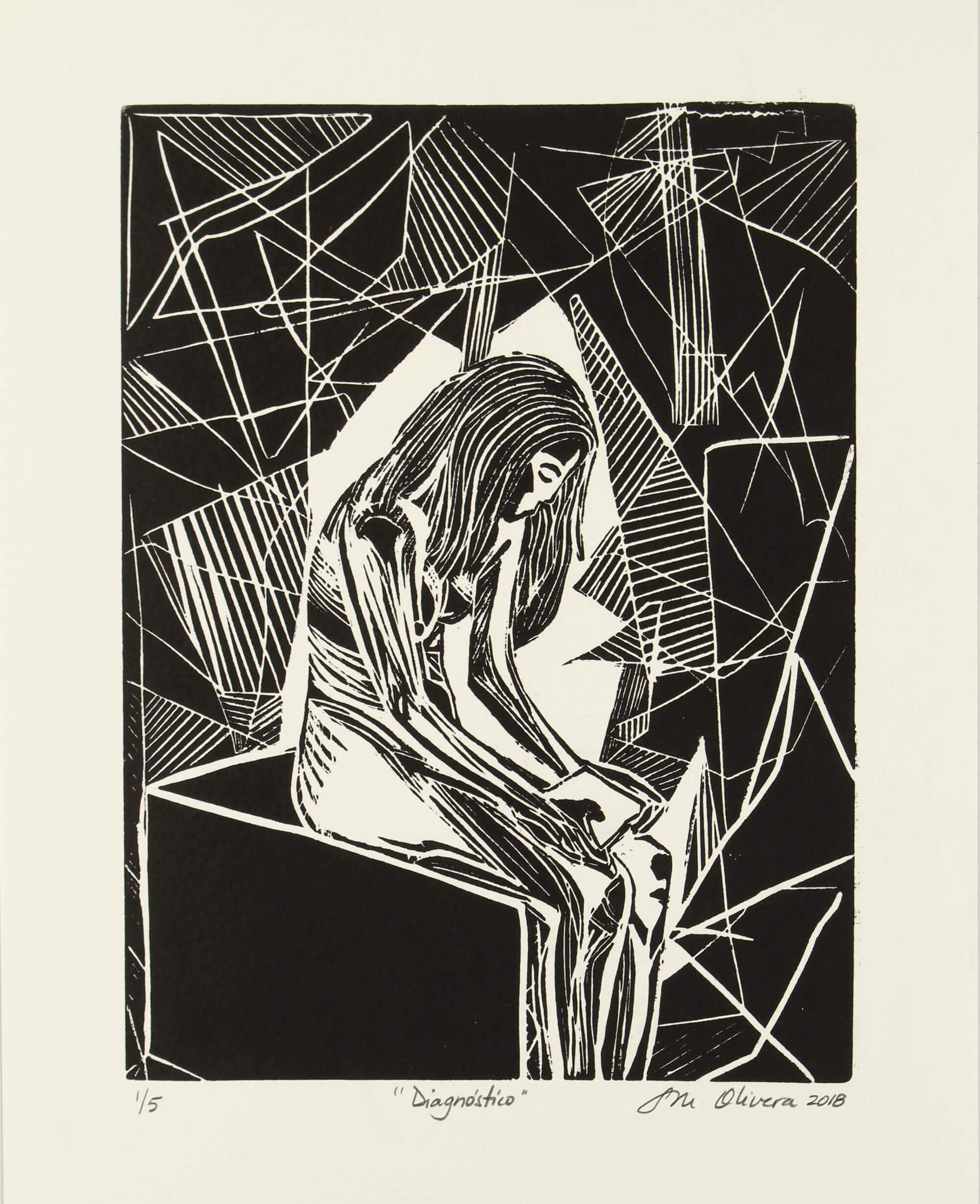 Linocut print of depressive emotional state of women struck by breast cancer diagnosis by Susan Olivera