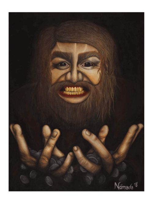 Print of chiaroscuro portrait of Judas' face and hands showing off coins falling from his fingers by Nómada