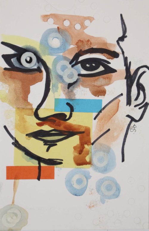 Abstract watercolor painting of multi colored women face by Nichole Ortiz