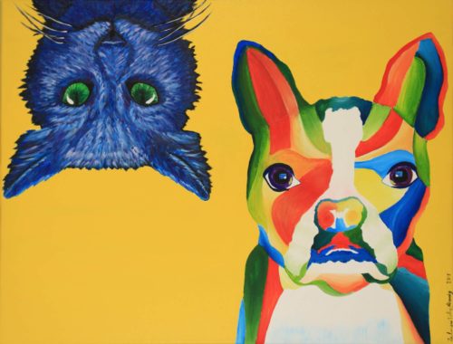 Acrylic painting of blue cat upside down beside multi color dog in upward position by Zulmarie Vélez Acevedo