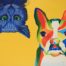 Acrylic painting of blue cat upside down beside multi color dog in upward position by Zulmarie Vélez Acevedo
