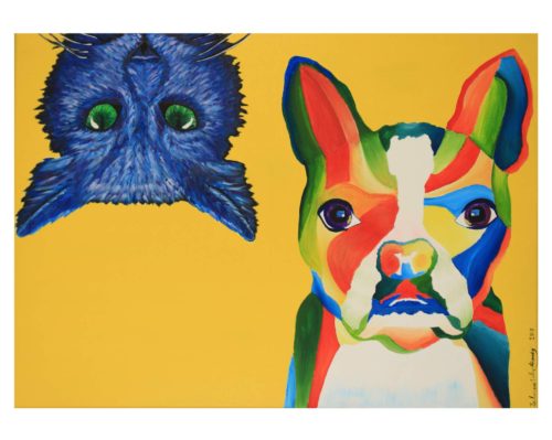 Acrylic painting of blue cat upside down and multi color dog by Zulmarie Vélez Acevedo