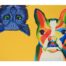 Acrylic painting of blue cat upside down and multi color dog by Zulmarie Vélez Acevedo
