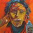 Acrylic painting of a drunk man with blue raged hair holding a small bottle of rum with the left arm a paper shot cup with the right hand with an orange shirt on an orange background by Vicente Ydrach.