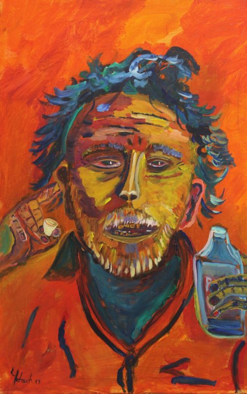 Acrylic painting of a drunk man with blue raged hair holding a small bottle of rum with the left arm a paper shot cup with the right hand with an orange shirt on an orange background by Vicente Ydrach.