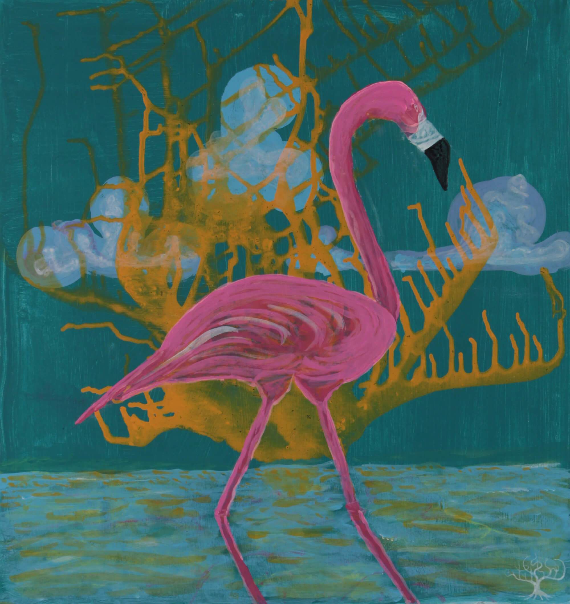 Acrylic painting of semiotic expressionism about flamingo by Kevo
