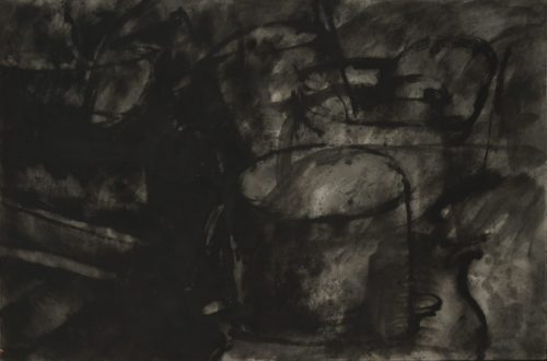 Drawing with carbon and encaustic about a cooking ritual by Diógenes Ballester.