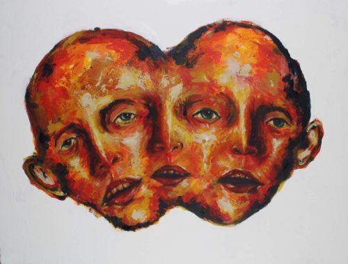 Acrylic abstract painting of red two headed three faces man by Valeria Mercado