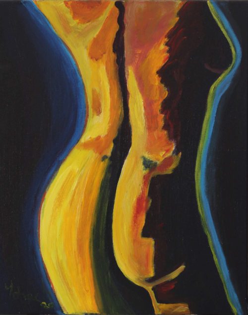 Acrylic painting of the back of the middle body of a yellowish naked female on a dark space by Vicente Ydrach.