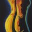 Acrylic painting of the back of the middle body of a yellowish naked female on a dark space by Vicente Ydrach.
