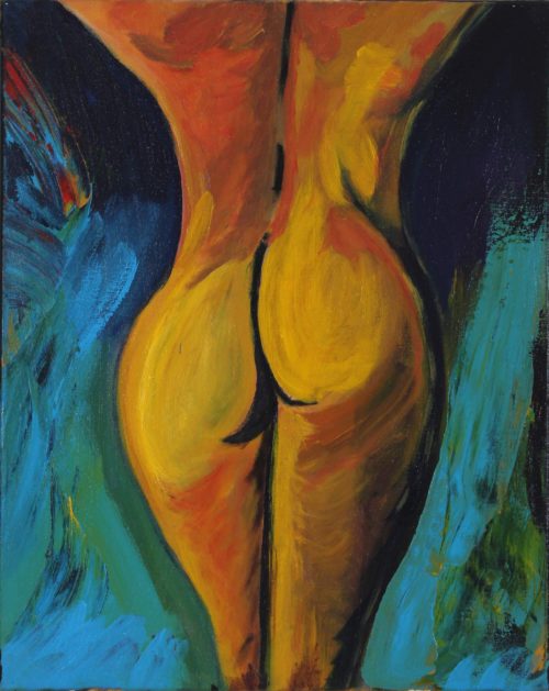 Acrylic painting of the back of the middle body of a naked female on a bluish space by Vicente Ydrach.