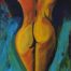 Acrylic painting of the back of the middle body of a naked female on a bluish space by Vicente Ydrach.