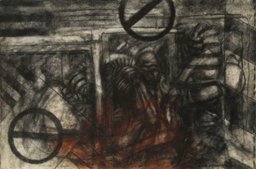 Drawing with carbon and sepia about elements of the metro by Diógenes Ballester.