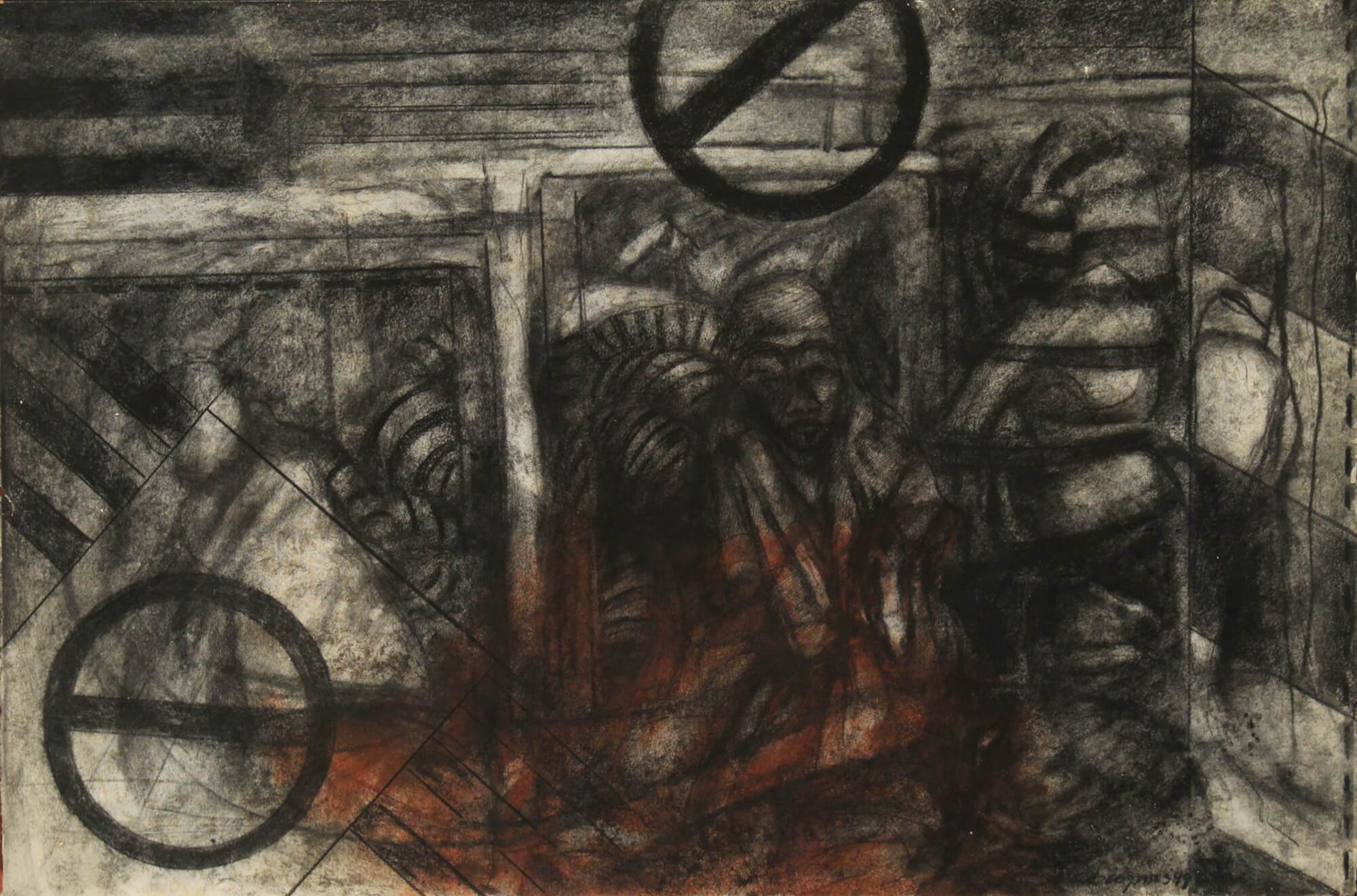 Drawing with carbon and sepia about elements of the metro by Diógenes Ballester.