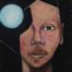 Acrylic painting of man's face with empty feeling behind a dark enclosure covering his right eye with the moon by Kyhan Yael