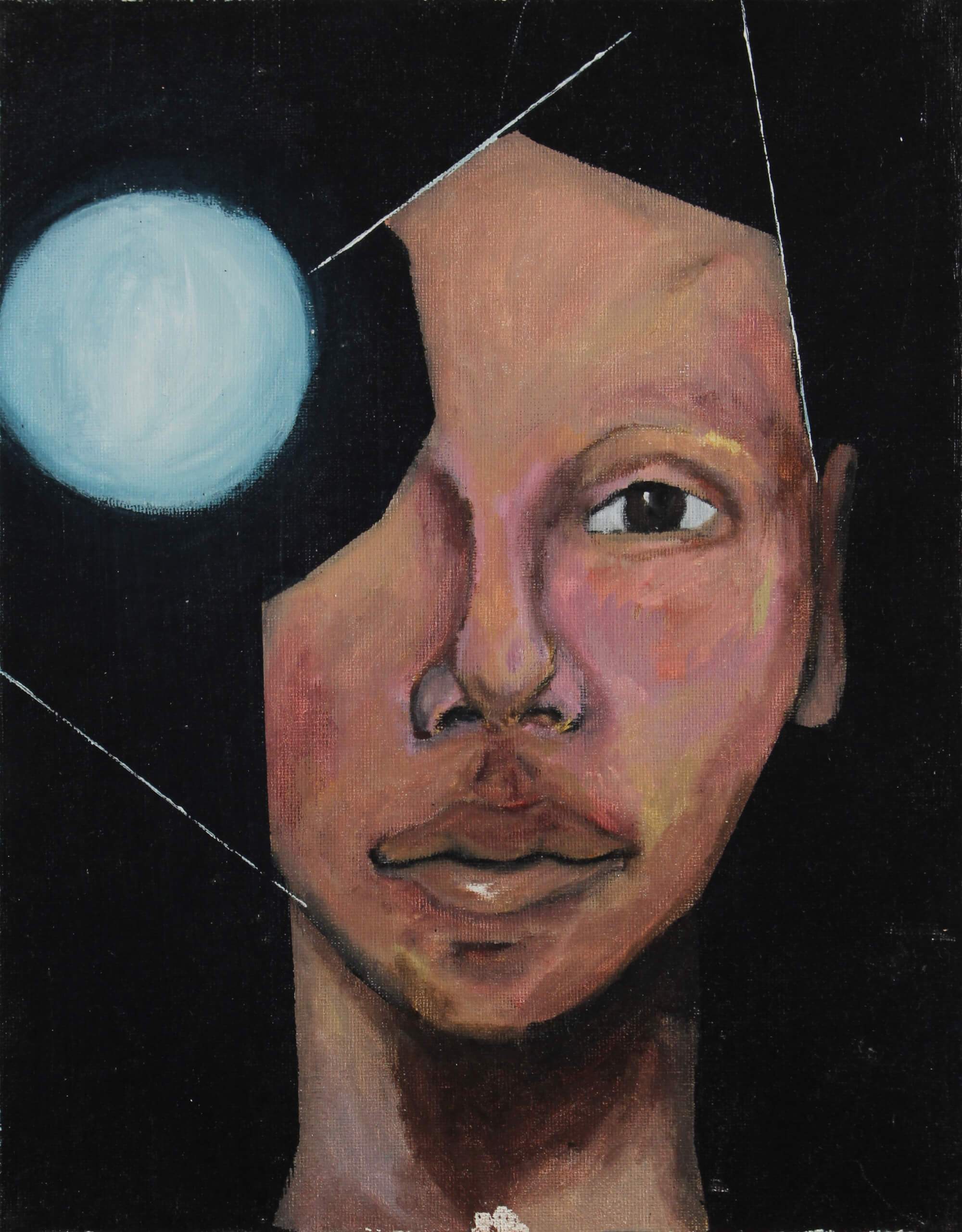 Acrylic painting of man's face with empty feeling behind a dark enclosure covering his right eye with the moon by Kyhan Yael