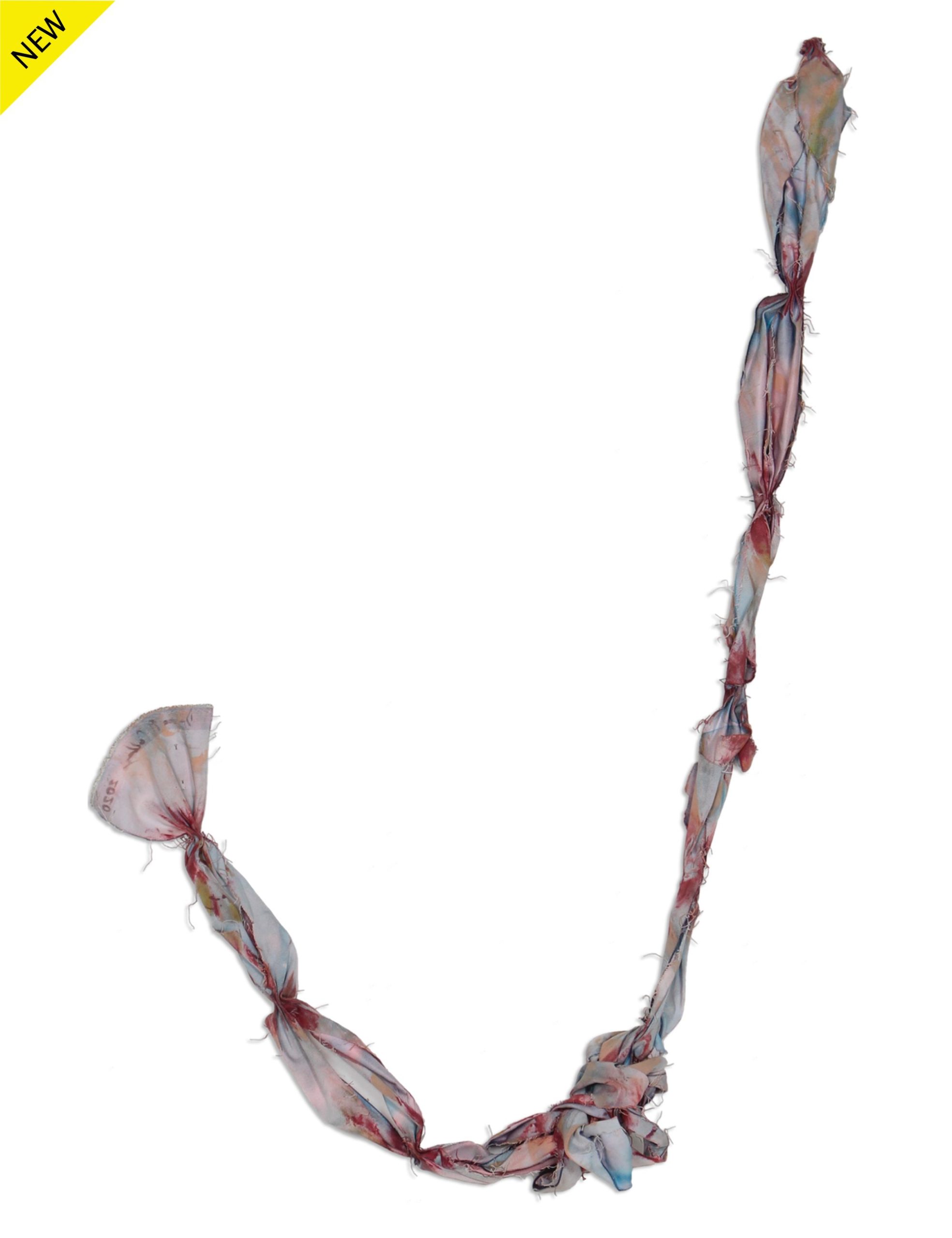 Mixed media of a hook-shaped tubular tangled cloth painted with makeup representing a tangle feeling by Diana N. Collazo Hernández