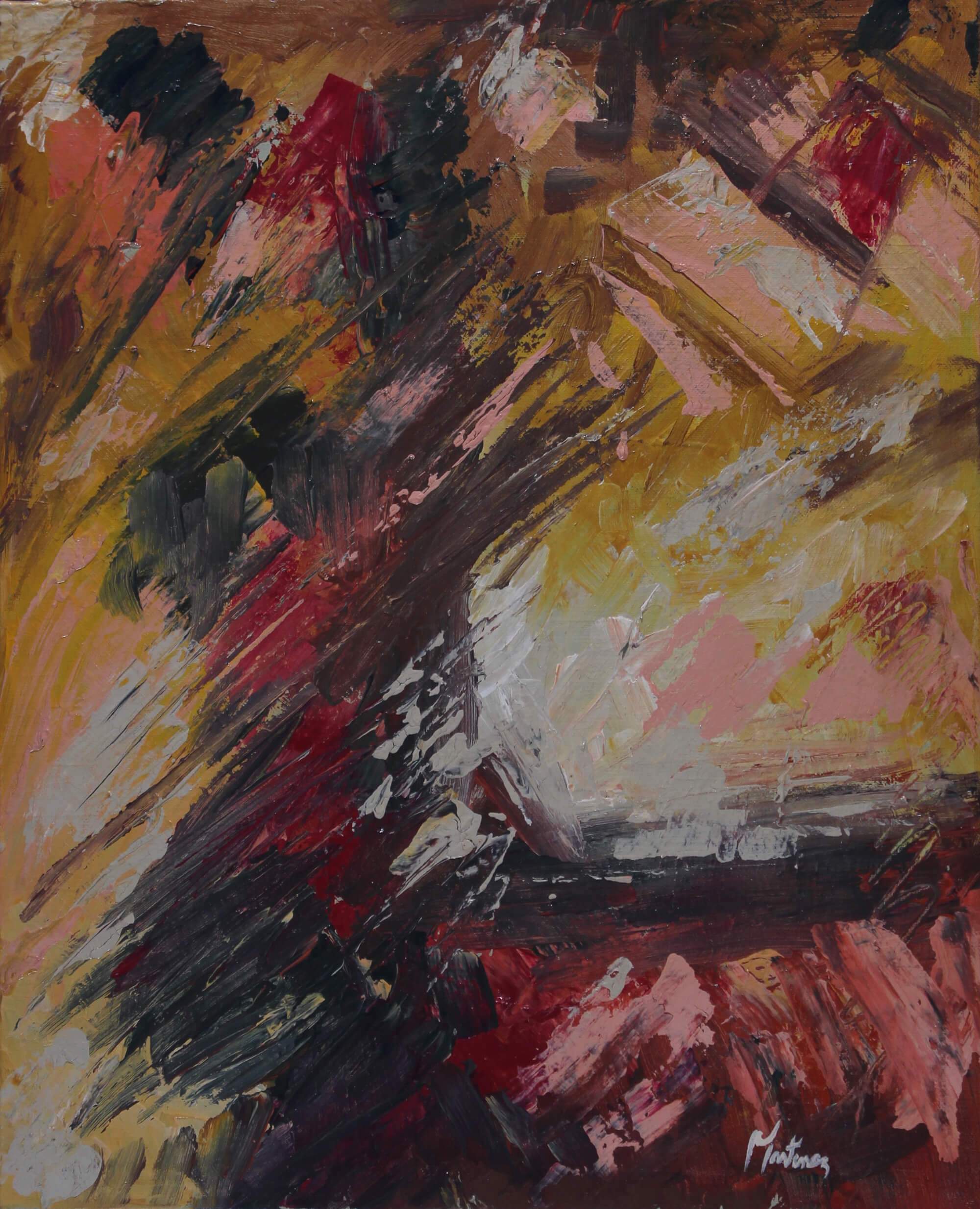 Abstract acrylic painting of a scenery of a solitary cliff beaten by waves by Joe Martínez.