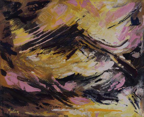 Abstract acrylic painting of a solitary mountain scenery by waves by Joe Martínez.